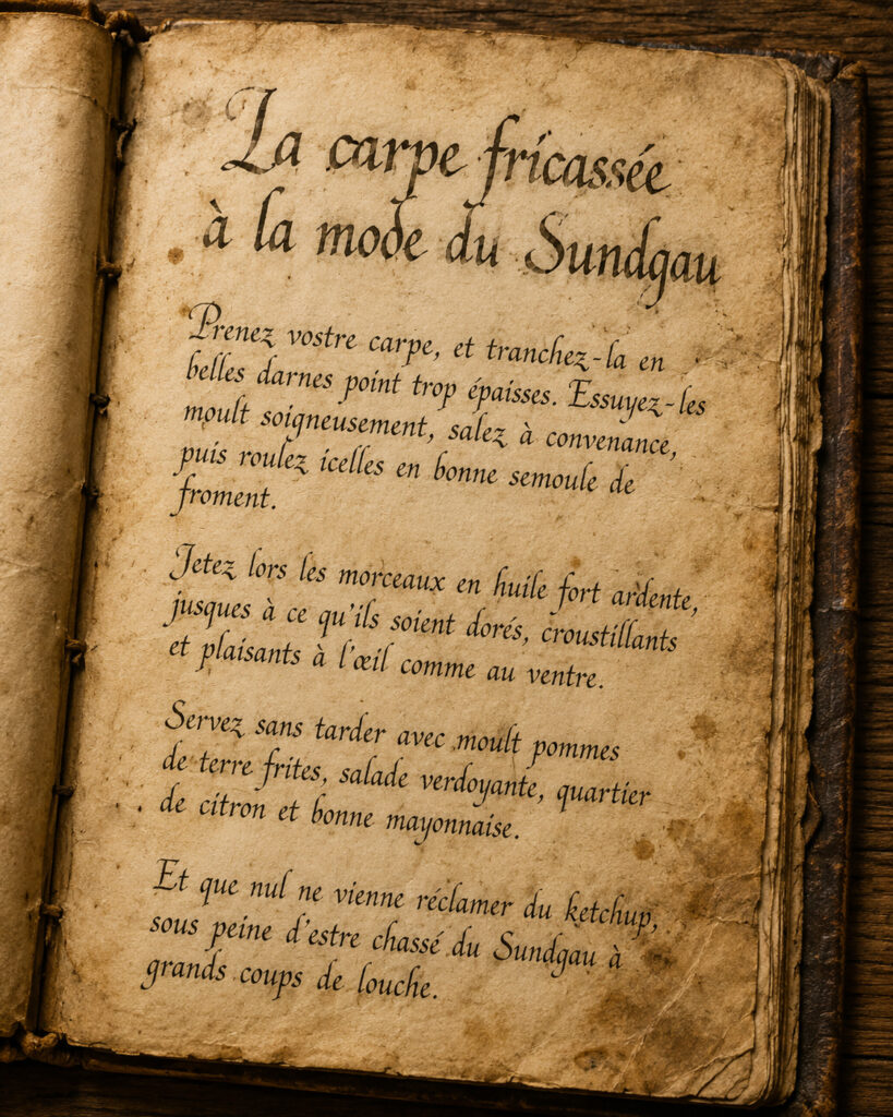 Recette de la carpe frite façon Sundgau écrite dans un vieux grimoire sur papier jauni et taché, avec une écriture ancienne.