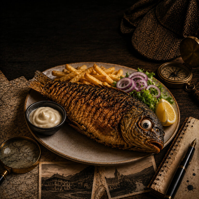 Carpe frite façon Sundgau avec frites, salade, citron et mayonnaise, dans une mise en scène évoquant une enquête historique alsacienne.