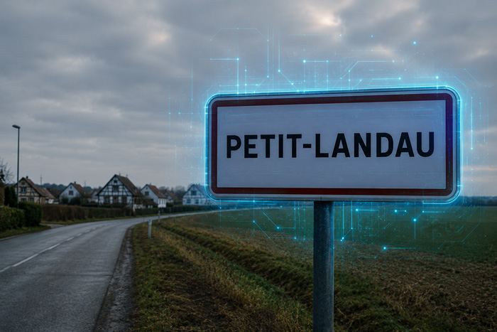 Panneau d’entrée de Petit-Landau entouré d’une aura électronique bleue dans un paysage rural.