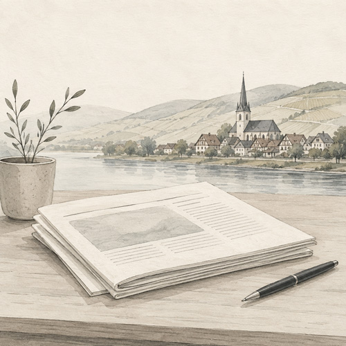 Illustration d’un journal local devant un paysage alsacien évoquant le Haut-Rhin