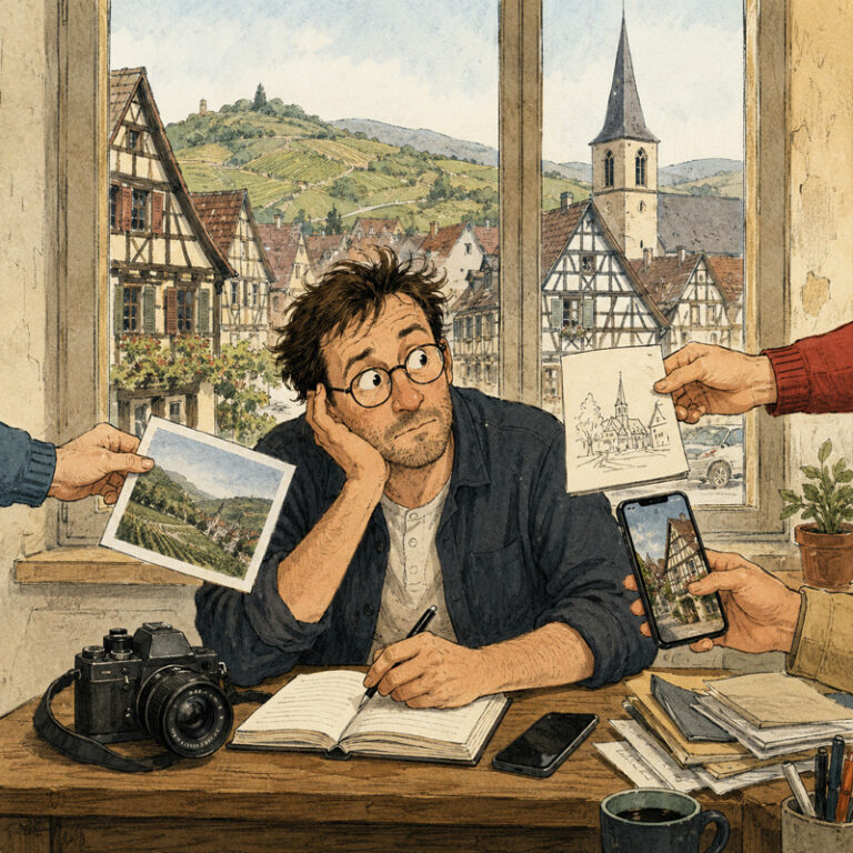 Illustration d’un rédacteur d’ActuRhin recevant des photos et des idées de sujets sur le Haut-Rhin