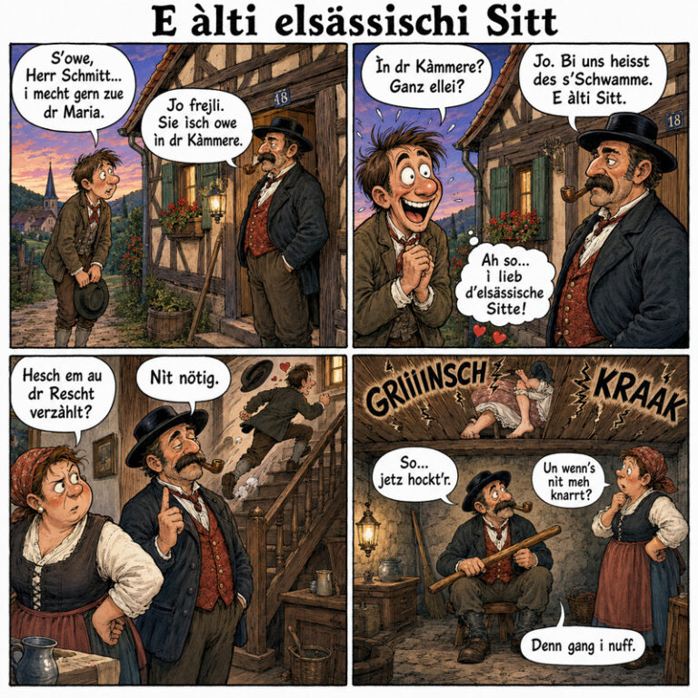 BD humoristique en alsacien sur le Schwammen, ancienne tradition amoureuse de Haute-Alsace.