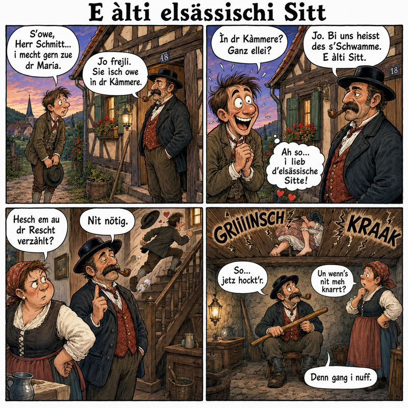 BD humoristique en alsacien sur le Schwammen, ancienne tradition amoureuse de Haute-Alsace.