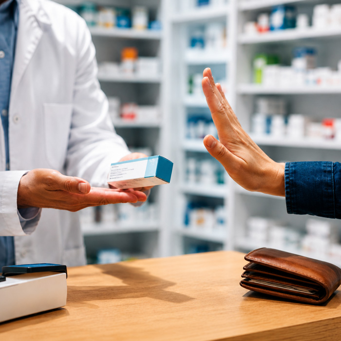 Un pharmacien propose une boîte de médicament à un client qui la refuse de la main.