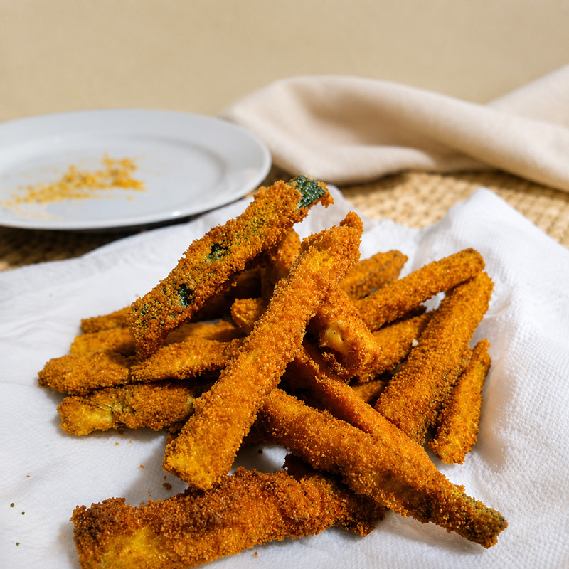 Bâtonnets de courgettes panés et frits, dorés et croustillants, déposés sur du papier absorbant.
