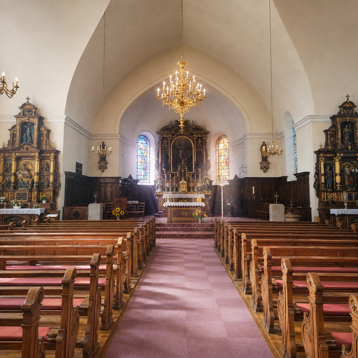 Intérieur de l’église Notre-Dame du Mont à Gildwiller dans le Haut-Rhin