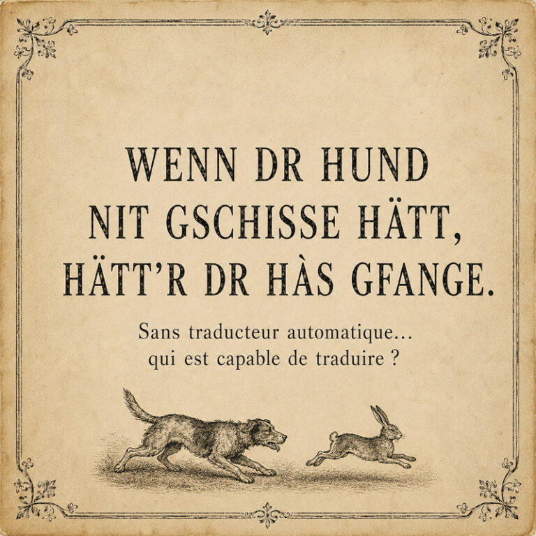 Illustration ancienne d’un chien poursuivant un lièvre avec une expression alsacienne à traduire sans traducteur automatique.