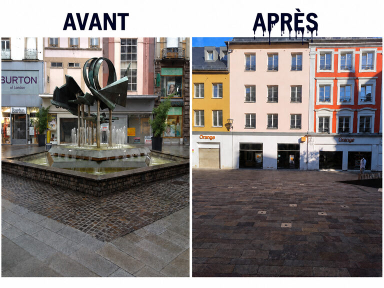 Avant-après de la fontaine de la place des Victoires à Mulhouse : ancienne fontaine avec L’Oiseau de feu et nouvelle fontaine sèche intégrée au pavage.