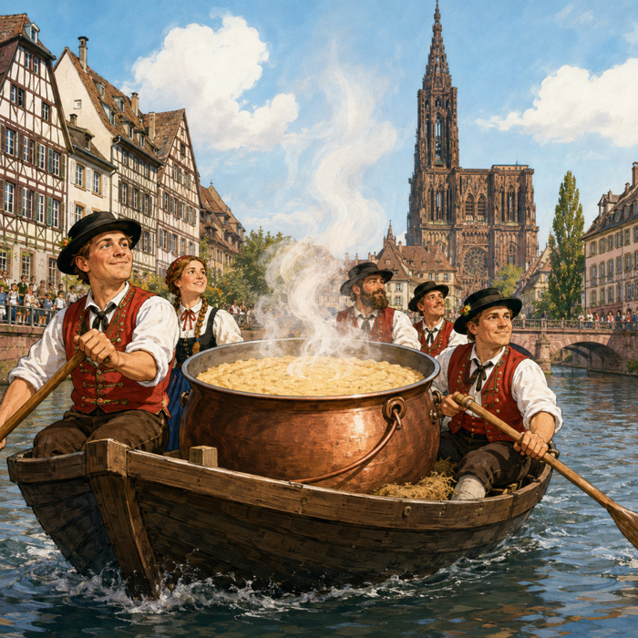 Barque transportant une marmite fumante de bouillie de millet devant la cathédrale de Strasbourg