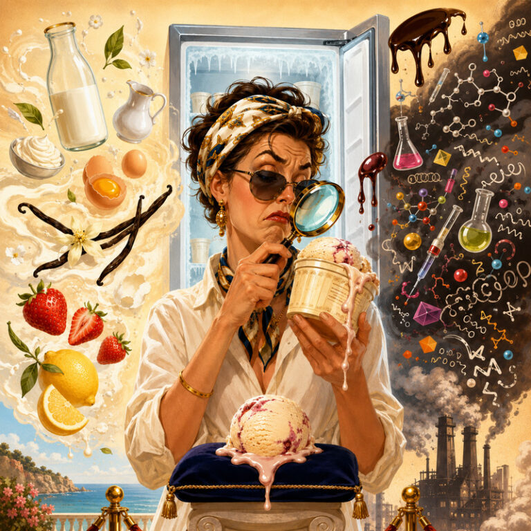 Illustration humoristique d’une femme examinant un pot de glace à la loupe, entourée de lait, vanille, fruits et symboles évoquant les additifs alimentaires.