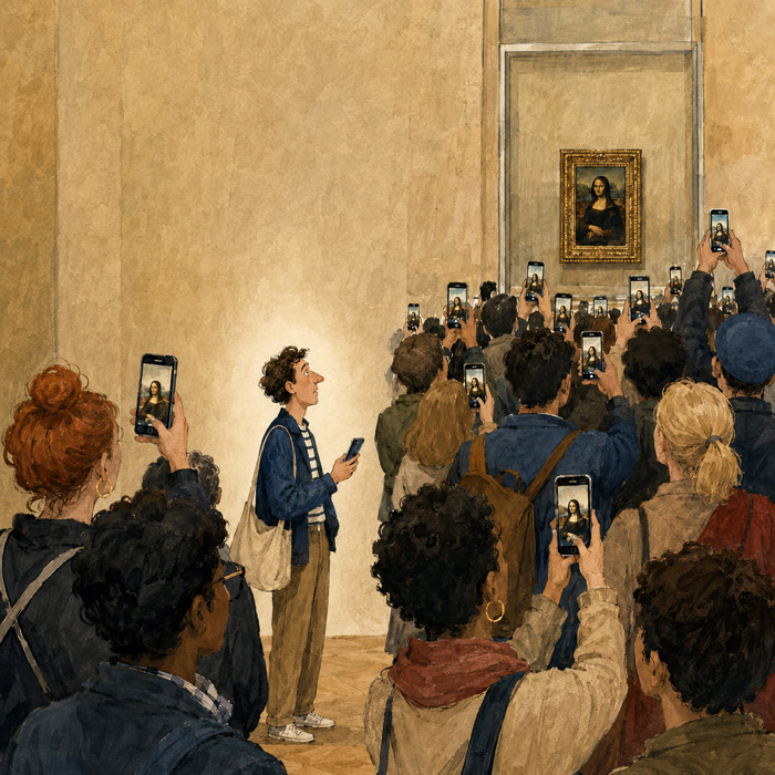 Illustration d’une foule de visiteurs photographiant la Joconde au Louvre, tandis qu’un homme regarde le tableau avec son téléphone à la main.