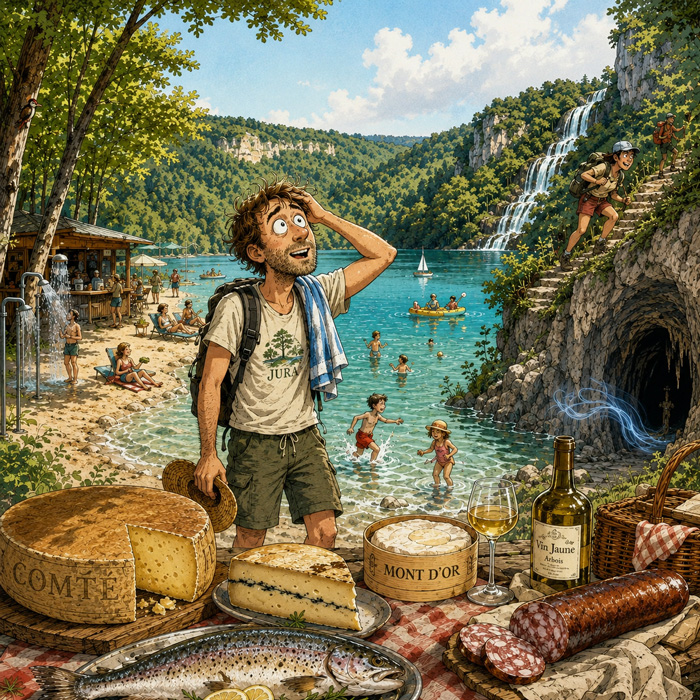 Illustration du lac de Chalain entouré de forêts, avec baigneurs, cascade, randonneurs et spécialités jurassiennes au premier plan.