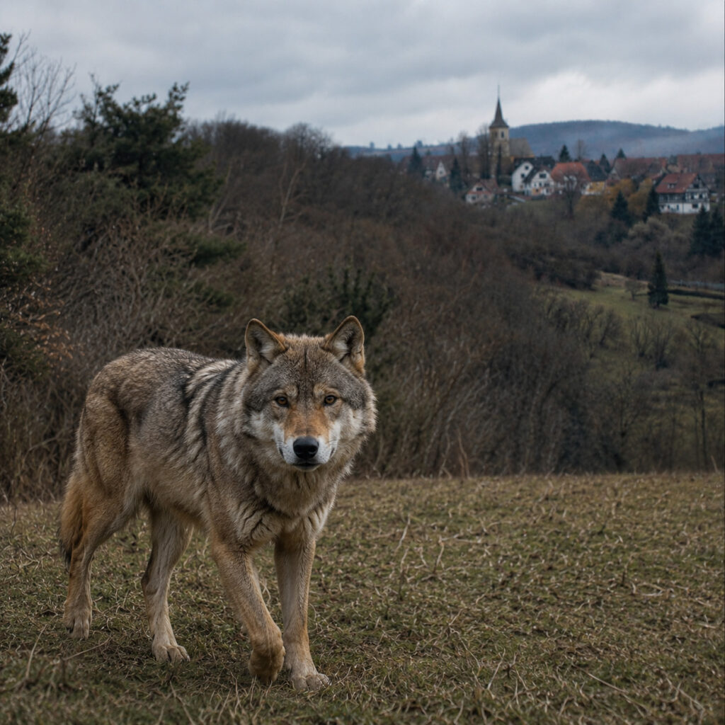 Un loup gris au premier plan dans la campagne alsacienne, avec des collines boisées et un village du Haut-Rhin en arrière-plan.