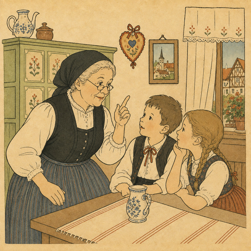 Illustration ancienne montrant une grand-mère parlant à deux enfants autour d’une table dans un intérieur alsacien.