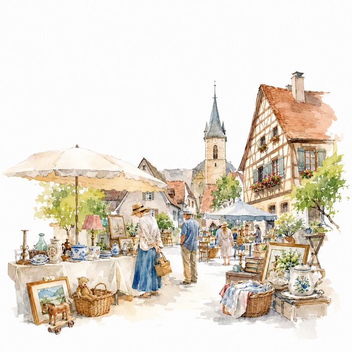 Marché aux puces dans un village alsacien, illustré à l’aquarelle, avec maisons à colombages, stands de brocante et chineurs.