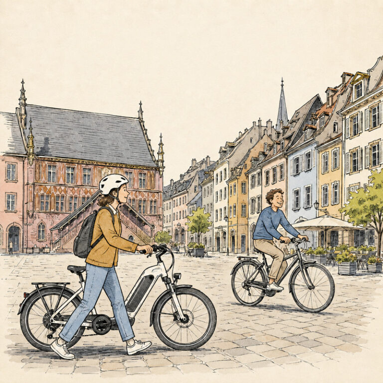 Illustration en aquarelle de la place de la Réunion à Mulhouse, avec un cycliste traversant la place et levant un bras vers le ciel.