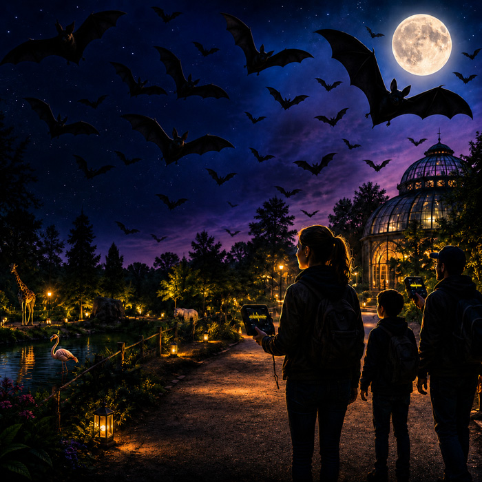 Visiteurs observant et écoutant des chauves-souris de nuit dans les allées d’un zoo éclairé à la lumière des lanternes.