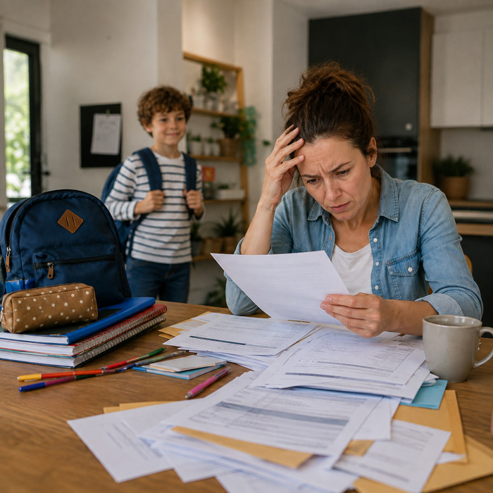 Parent assis devant une pile de documents scolaires à côté d’un cartable et de fournitures de rentrée.