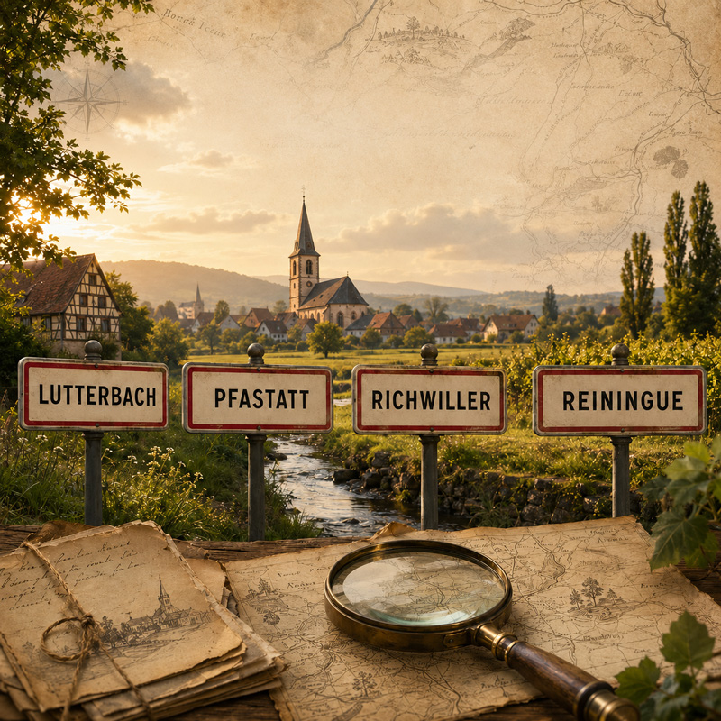 Illustration consacrée à l’origine des noms de Lutterbach, Pfastatt, Richwiller et Reiningue dans le Haut-Rhin.