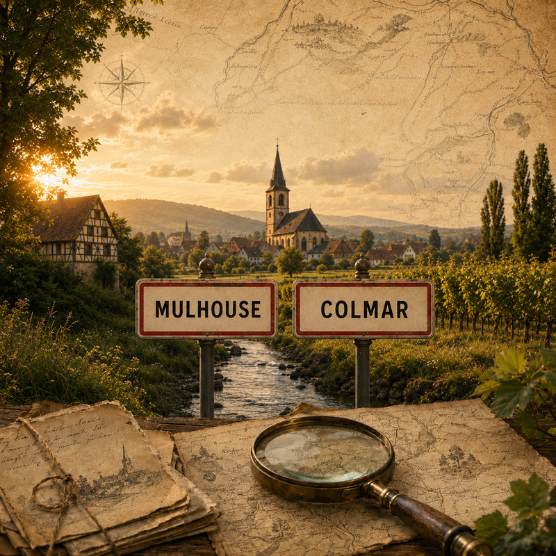 Illustration montrant deux panneaux « Mulhouse » et « Colmar » devant un paysage alsacien, avec des cartes anciennes et une loupe.