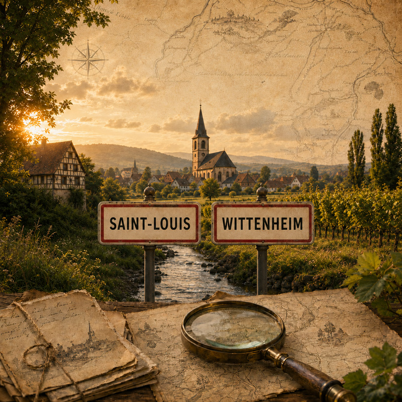 Illustration montrant deux panneaux « Saint-Louis » et « Wittenheim » devant un paysage alsacien, avec des cartes anciennes et une loupe.