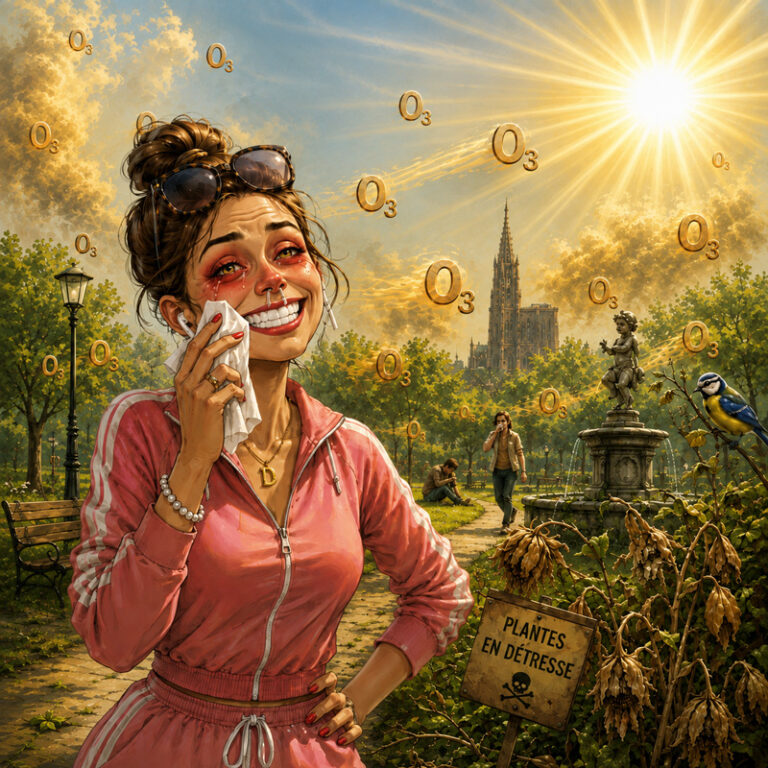 Une femme en jogging dans un parc ensoleillé sourit difficilement, les yeux rouges et le nez qui coule, tandis que des symboles O₃ flottent dans l’air et que des plantes semblent souffrir.