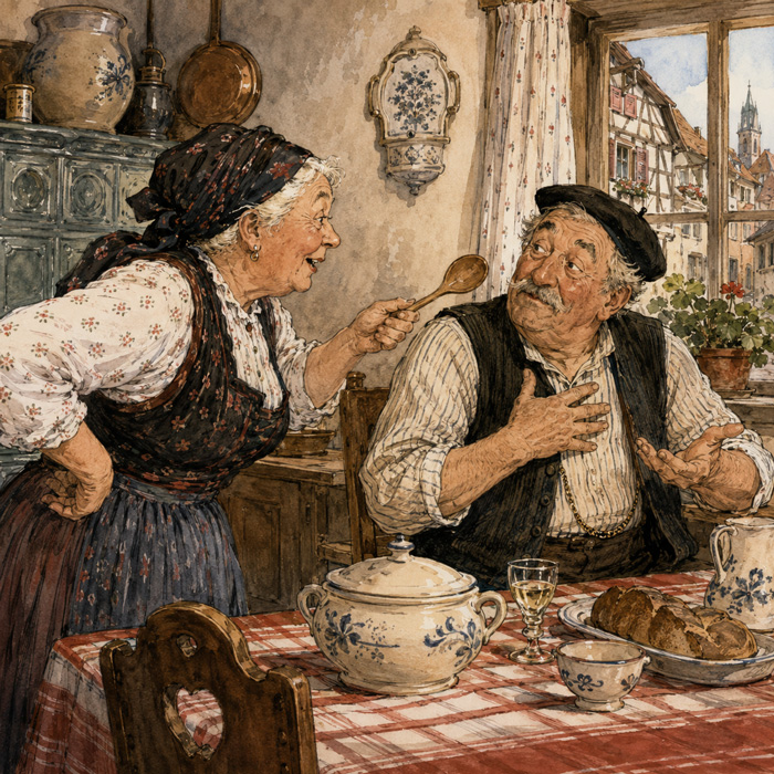Illustration humoristique d’un couple alsacien se chamaillant dans une cuisine traditionnelle pour accompagner un poème en alsacien haut-rhinois.