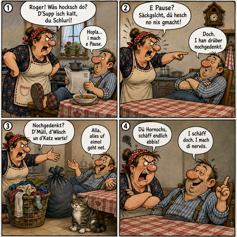 BD humoristique en alsacien haut-rhinois mettant en scène Roger et sa femme dans leur cuisine