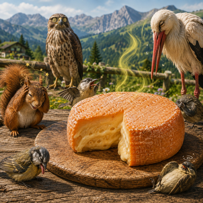 Fromage de Munster sur une planche en bois avec une illustration humoristique de son odeur puissante