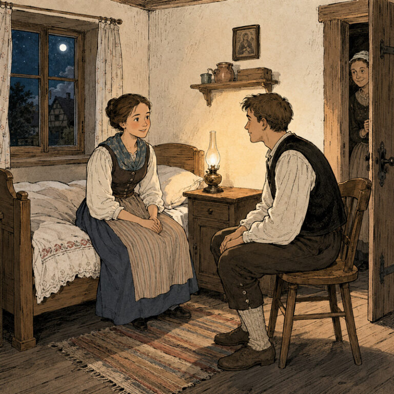 Illustration d’un jeune homme rendant visite le soir à une jeune femme dans sa chambre, évoquant l’ancienne coutume du Schwammen en Haute-Alsace.