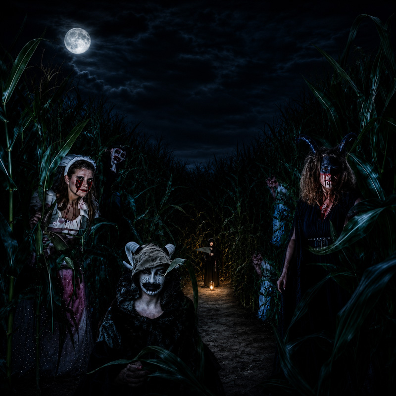 Labyrinthe de maïs de nuit avec personnages effrayants et ambiance de film d’horreur à la Ferme Kessler à Soultz.