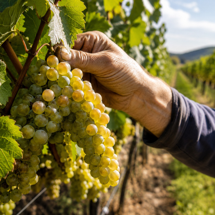 Grappe de raisin blanc mûre saisie par un vendangeur dans un vignoble alsacien.