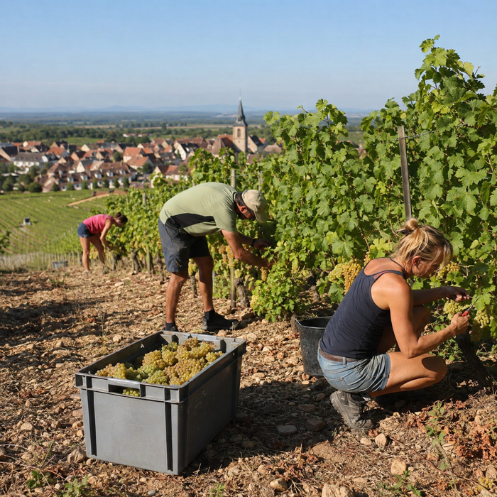 Vendangeurs récoltant des raisins blancs dans un vignoble en coteau, avec un village alsacien et son clocher en arrière-plan.
