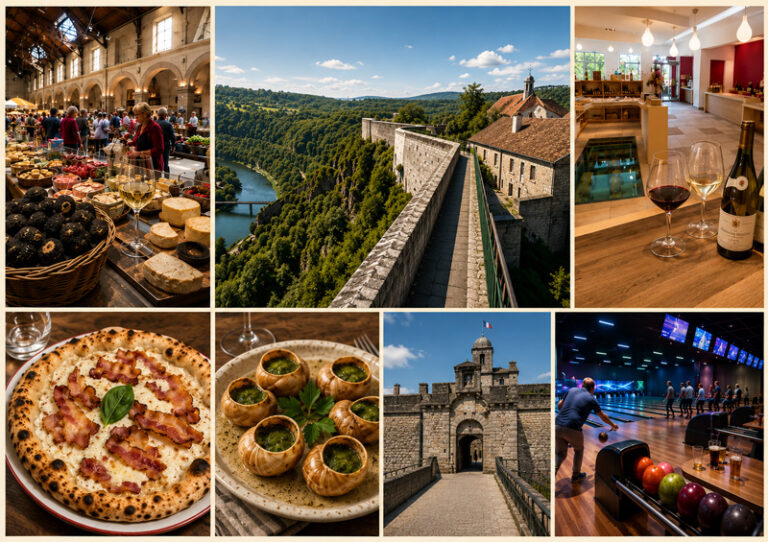 Montage illustrant un week-end de Beaune à Besançon avec marché, truffes, vins de Bourgogne, Citadelle, pizza, escargots et bowling.
