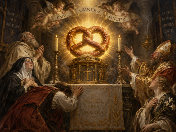 Tableau religieux parodique représentant un bretzel auréolé au centre d’une scène sacrée