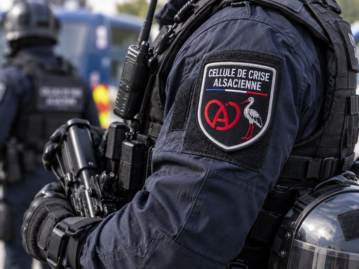 Écusson brodé Cellule de crise alsacienne sur la manche d’un uniforme d’intervention avec équipement de protection