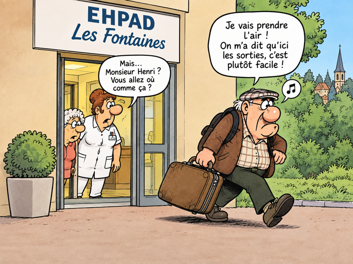Illustration satirique d’un résident quittant un EHPAD sous le regard d’une soignante