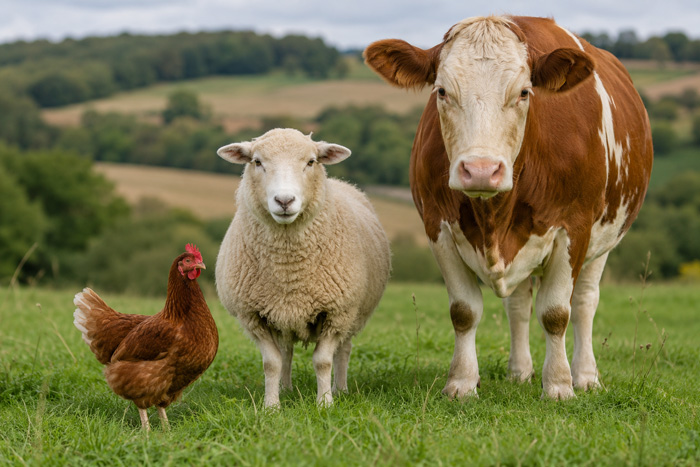 Une poule, un mouton et une vache dans une prairie pour illustrer les Fermes ouvertes m2A 2026
