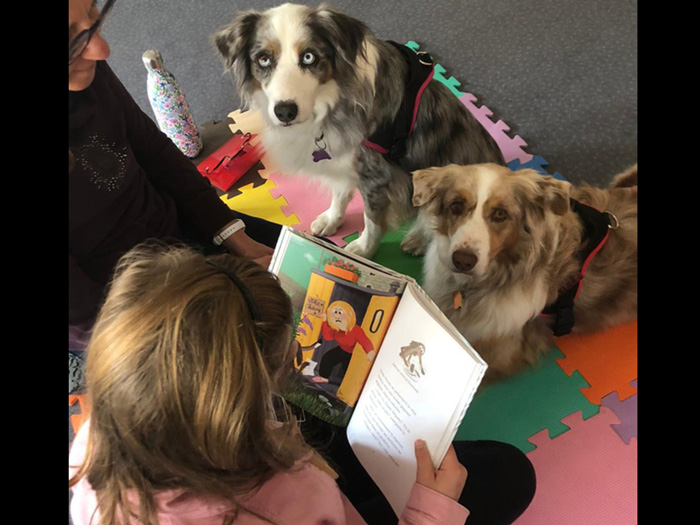 Enfant lisant en présence d’un chien lors d’un atelier de médiation animale à l’Espace 110 d’Illzach