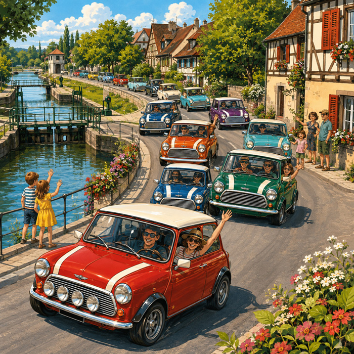 Illustration d’un convoi de Mini colorées circulant le long d’un canal, tandis que des habitants saluent les voitures depuis les abords de la route.