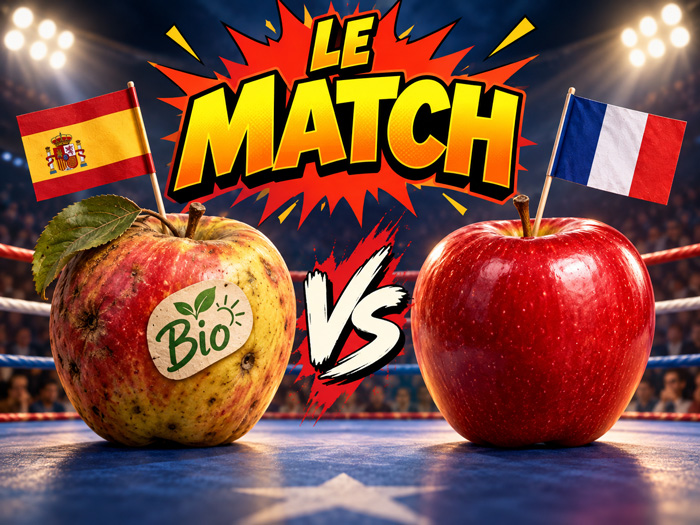 Illustration du match entre une pomme bio espagnole et une pomme française conventionnelle