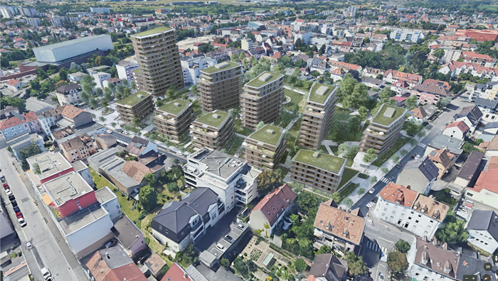 Projection architecturale du futur quartier Archipel 3F à Saint-Louis, intégrée dans une photographie du site réel.