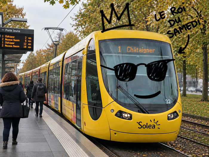 Tram Soléa à Mulhouse avec gribouillages au marqueur, pour la Semaine européenne de la mobilité 2026