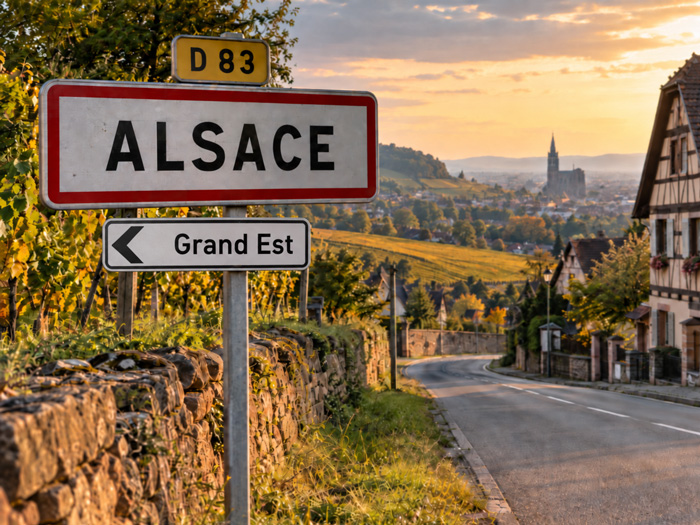 Panneau Alsace avec une direction Grand Est, illustration du débat sur la sortie de l’Alsace du Grand Est