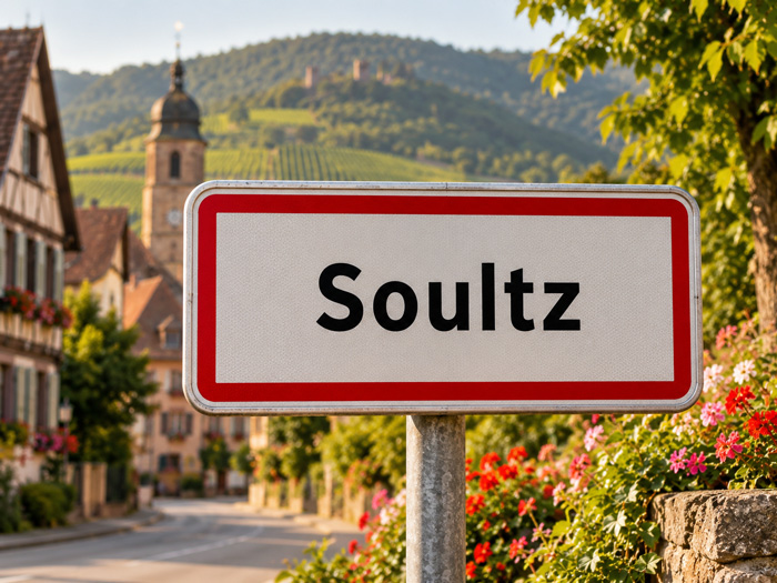 Panneau Soultz à l’entrée d’un village alsacien avec maisons à colombages, clocher et paysage du Haut-Rhin