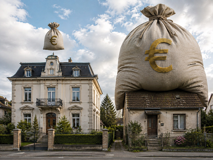 Deux maisons côte à côte illustrant le poids parfois inégal de la taxe foncière entre un logement modeste et une grande maison