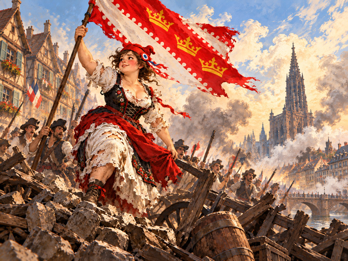 Marianne alsacienne portant le drapeau alsacien au milieu d'une scène révolutionnaire illustrée