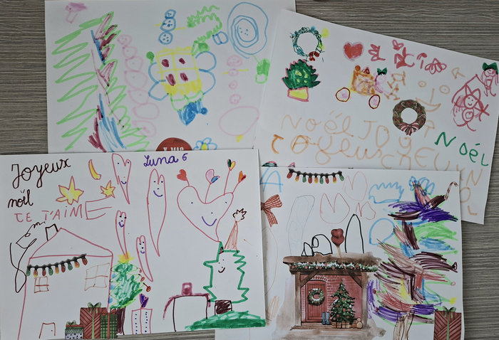 Dessins de Noël réalisés par des enfants pour l’opération solidaire d’Amaelles, édition 2025