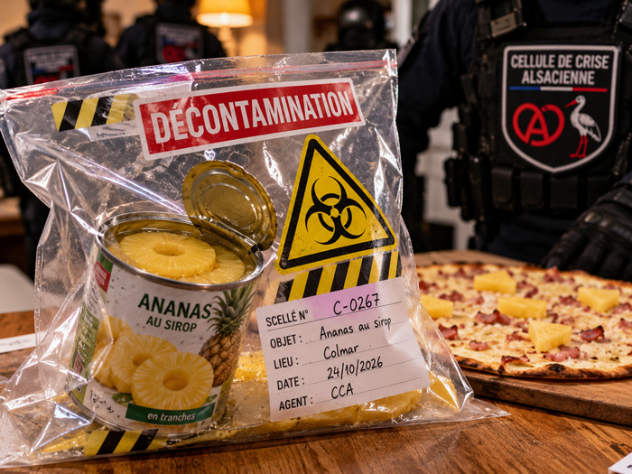 Boîte d’ananas au sirop ouverte dans un sac de décontamination, avec des agents fictifs de la Cellule de crise alsacienne en arrière-plan