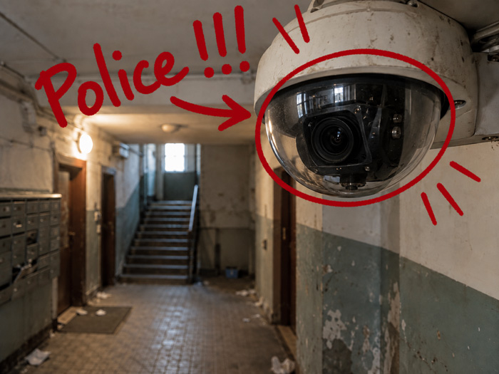 Caméra de surveillance dans un hall d’immeuble collectif dégradé